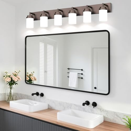 Image of Bathroom Light Fixtures, Oil Rubbed Bronze Bathroom Lighting Fixtures Over Mirror, Modern Vanity Light with White Glass Shade, Restroom Lighting Fixtures, 6-Light 46-inch