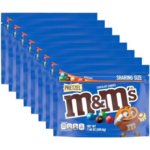 M&M’S Pretzel Milk Chocolate Candy, Sharing Size, 7.4 oz Resealable Bag, Bulk Snacks Pack of 8