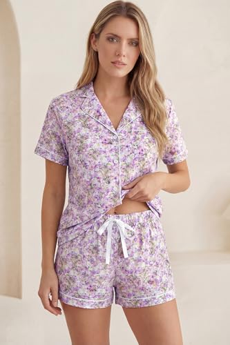 Image of LUBOT 100% Cotton Pajamas for Women 2 Piece PJ Set Poplin Woven Lightweight Ladies Button Short Sleeve Sleepwear S-XXL