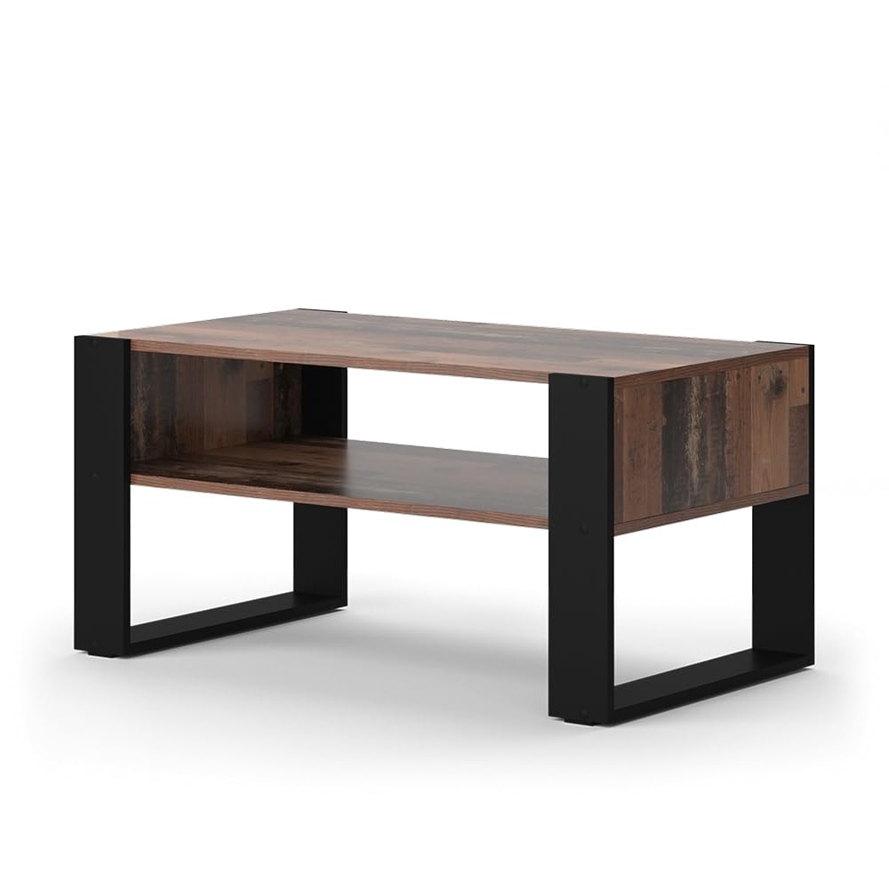 Vicco Mesa de Centro Olli, Madera Antigua, 92 x 52.4 cm | con estante, para guardar revistas y controles remotos