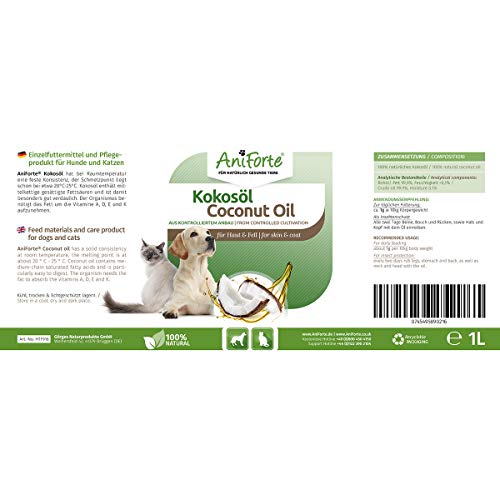 AniForte Kokosöl für Tiere 1000ml, Kaltgepresst, Nativ, Kontrollierte Premium Qualität, Schutz, Ergänzung und Pflege für Fell, Kokosnussöl Kokosfett für Hunde, Katzen und Haustiere, Kokos Öl flüssig