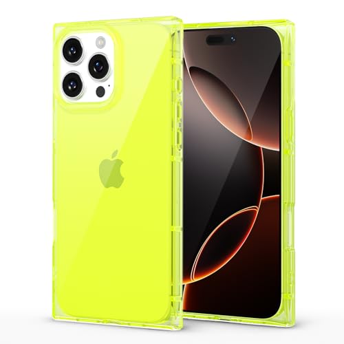 LoeoeL for iPhone 16 Pro Clear Case Rectangle Edge, Slim Thin Transparent Girly Y2k Cute Designer Phone Case for Women, Trendy Aesthetic Design Soft TPU Silicone Cover, Bright Neon Green