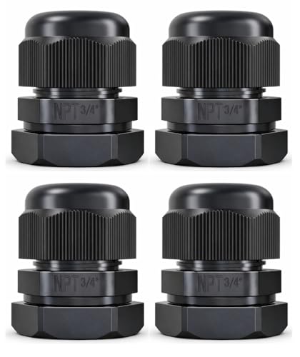 MGI SpeedWare 3/4" NPT Strain Relief Nylon Cord Grip Cable Glands, Black Plastic Grommet 4-Pack