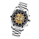 MAJORMENCH Reloj Mecánico Esqueleto para Hombre, Automático Esfera Negra y Máquina Dorada, Correa de Acero Inoxidable, Luminoso, Resistente al Agua, Reloj de Negocios y Uso Casual