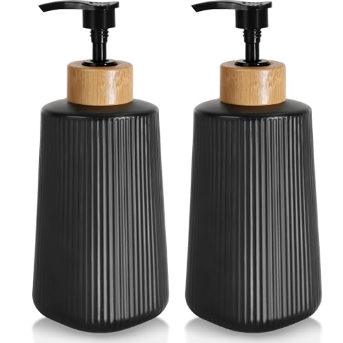 Image of Glass Soap Dispenser, Thickened Glass Hand Soap Dispenser for Bathroom, Kitchen Dish Washing Liquid Bottles, Shampoo and Conditioner Bottles, Modern Farmhouse Style (Black, Set of 2, 12oz)