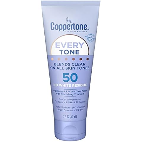 Coppertone Every Tone Sunscreen Lotion SPF 50, Lightweight, Rubs on Clear Sunscreen for All Skin Tones, Formulated with Nourishing Vitamin E, 7 Fl Oz Tube Cover