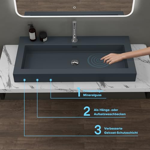 doporro Waschbecken 100x48x10cm Aufsatzwaschbecken matt Anthrazit aus Mineralguss Gussmarmor Waschtisch Colossum18