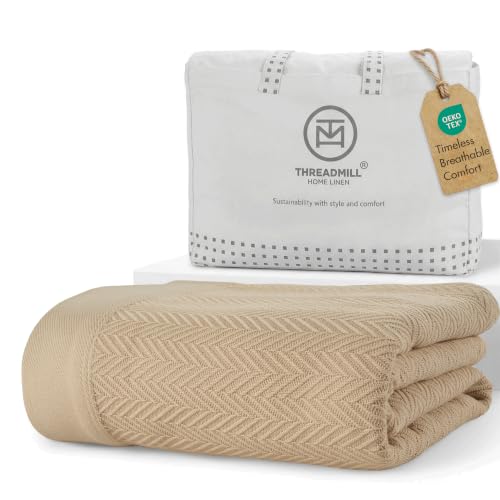 Threadmill Luxury 100% Cotton King Herringbone Blanket, Beige