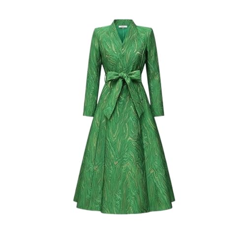 Trench-coat jacquard vert de prestige à motifs dorés et finitions haut de gamme