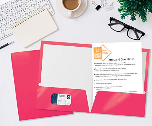 Image of Better Office Products 2 Pocket Glossy Laminated HOT Pink Paper Folders, Letter Size, 25 Pack, Hot Pink Paper Portfolios Box of 25 Hot Pink Folders