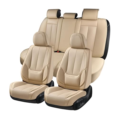 Image of Coverado Car Seat Covers Full Set, Seat Covers for Cars, Beige Car Seat Covers Front Seats and Back Car Seat Protector Waterproof, Leather Car Seat Cushion Universal Fit for Most Cars