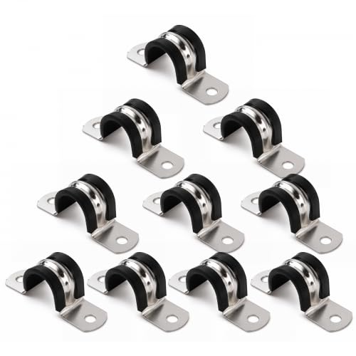 Merzio 10PCS Premium 304 Stainless Steel Rubber Lined Clips, Saddle Clip mit Cushioned Heavy Pipe Strap, U Shaped Brackets Saddle Clips for Cable, Wire, Tube and Conduit Mounting