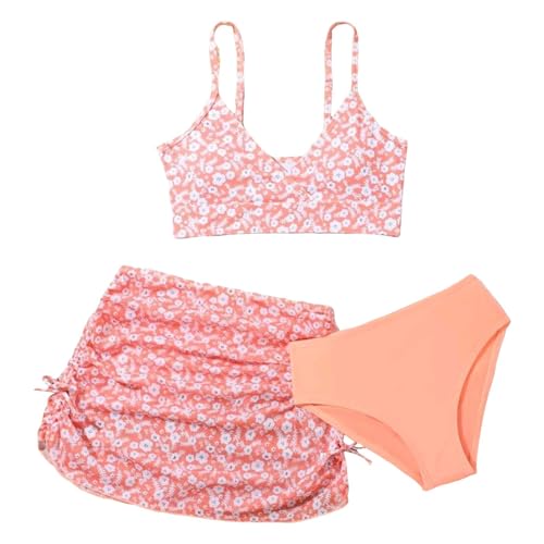 Conjunto Bikini Tres Piezas niña Top Cruzado Estampado Floral Falda bañador con cordón Lateral, Tejido Anti‑Cloro elástico, para Playa Piscina Vacaciones Verano niñas 7‑14 años