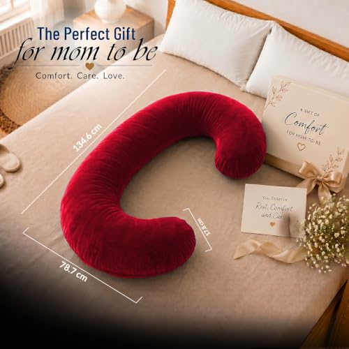 Image of Amazon Basics Full Body Pregnancy Pillow for Maternity, Baby Nursing,Full Body Support -Abdomen,Hip, Spine, Neck& Leg Support Cushion| Perfect Baby Shower Gift |C-Shaped-Washable Cover with Zip-Maroon