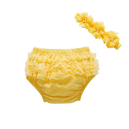 Infant/Toddler Baby Girl's Bloomer + Headband Set Chiffon Ruffles Lace Diaper Covers (9-12 Months, Yellow)