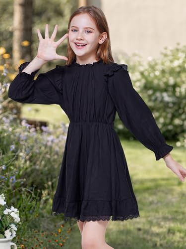 WULFUL Girls Long Sleeve Dress Flared Belted Fall Casual Party Dress A-line Swing 5-14 Years3