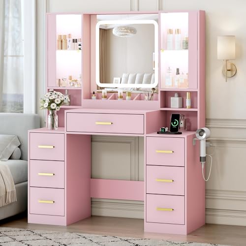 Image of BORNOON Vanity Desk with Mirror and Lights, Makeup Vanity with 7 Drawers, 2 Glass Door Cabinets, Charging Station, Adjustable Shelves, RGB Lighting, Holder