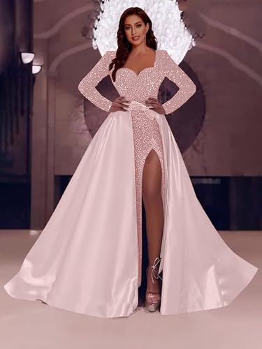 Fair Lady Prom Dresses 2025 Sparkly Sequin Long Sleeves A Line Satin Formal Evening Dress with Slit4