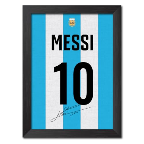 Image of TenorArts Lionel Messi Poster Frame Argentina Worldcup Jersey Laminated Photo Print with Signature Framed Painting with Matt Finish Black Texture (12 inches x 9inches)