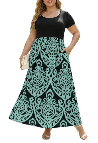 Nemidor Plus Size Maxi Dresses for Curvy Women Casual Summer Short Sleeve Chevron Print Long Dress with Pocket 14-26(155,22,Blue)
