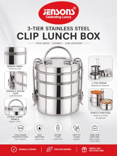 Image of JENSONS 3-Tier Stainless Steel Clip Lunch Box