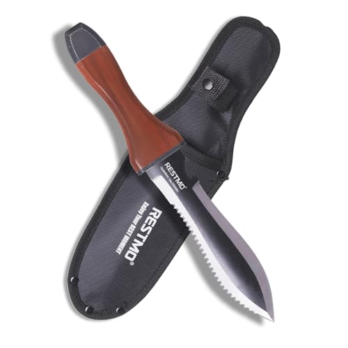 Restmo Hori Hori Gartenmesser Doppelseitige Edelstahlklinge mit Sägezahnung Tiefenskala & Nylonscheide Gartengerät zum Graben Schneiden Sägen & Jäten