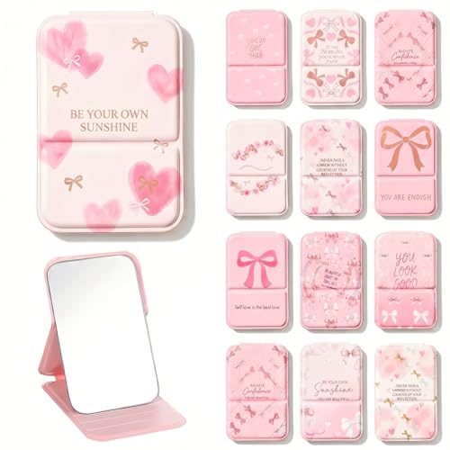 YOJO 12 Pcs Compact Mirror Bulk Pink Bow Folding Pocket Mirrors for Women Girl Coquette Aesthetic Makeup Mirror for Birthday Bridal Shower Bachelorette Graduation Party Favors