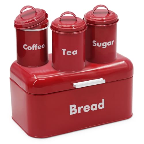 Plexon Bread Box for Kitchen Countertop, Bread Container with Coffee, Tea, Sugar Canisters, Metal 4-Piece Bread Box Set with Lids, Red
