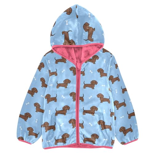 Cute Dachshund Dog Toddler Fleece Jacket Baby Girls Hooded Zipper Long Sleeve Thick Warm Outerwear 3-10 Years