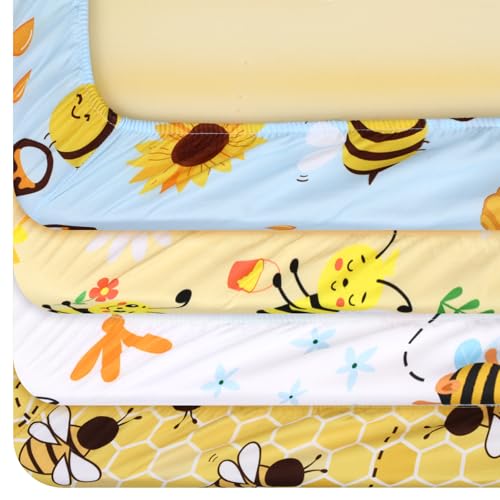 Image of VitalCozy 4 Pcs Yellow Bee Crib Sheet Set Newborn Bedding Nursery Baby Sheets for Girl Boys Baby Gifts for Standard Crib and Toddler Mattresses, 52 x 28 x 8 Inches