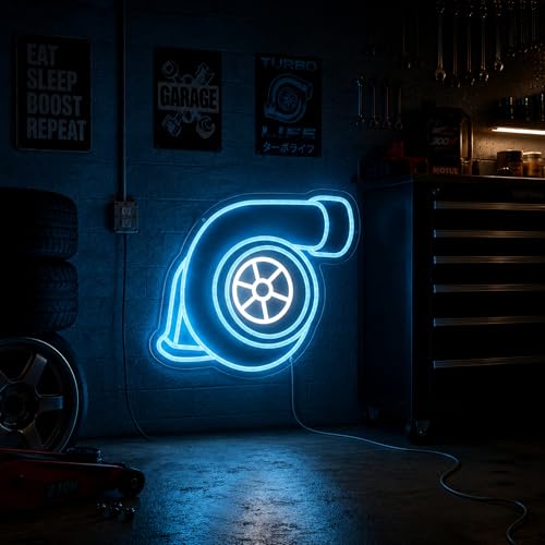 Image of Turbo Neon Signs, Turbo LED Signs, Neon Garage Signs, and Wall Decor are suitable for Men Caves, garages, repair shops, and other similar locations.