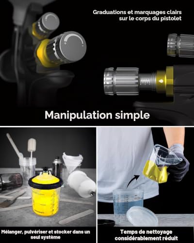 InoKraft D1 LVLP Pistolet pulvérisateur à air comprimé de qualité supérieure avec gobelets de peinture jetables de 650 ml, facile à utiliser, pistolet à peinture pour voitures et maisons, buses de 1,3 – vue 5