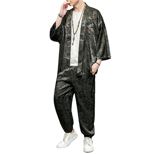 T-shirt et cardigan en soie glacée homme broderie dragon noir S