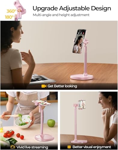 Image of DIMONCOAT Cell Phone Stand for Desk, Stocking Stuffers Gifts for Teens Girls Boys Adults,Phone Holder Angle Height Adjustable, Aluminum Alloy Universal iPhone Stand for iPhone 17 16 15 Pro Max -Pink