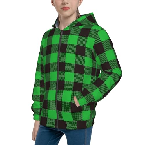 Buffalo Plaid Green Black Kids Pullover Hoodies Boys Zip Up Sweatshirts Girls Athletic Clothes with Pocket