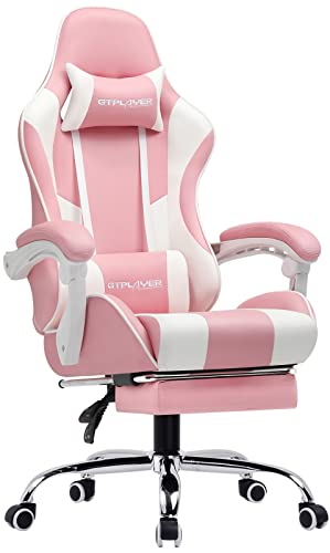 GTPLAYER ゲーミングチェア オットマン付き オフィスチェア フットレスト デスクチェア ゲーム用チェア リクライニング パソコンチェア ハイバック ヘッドレスト ランバーサポート ひじ掛け付き PUレザー PL800-PINK