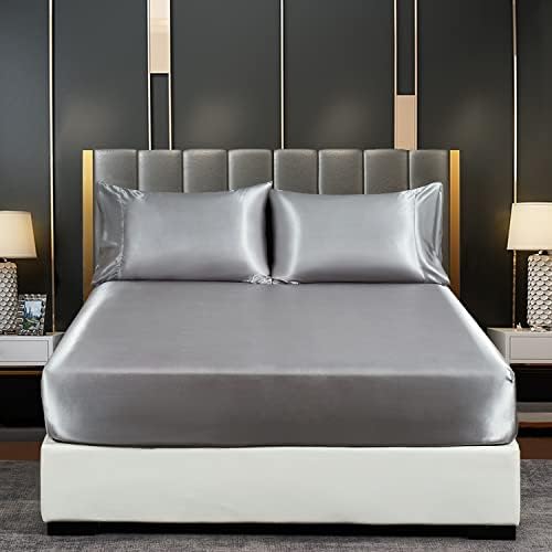 JHCHMX Satin Double White Fitted Sheet ,Deep Pocket Silkly Double Bed Sheet,Soft Satin& Wrinkle Resistant Fitted Bed Sheet White Double 135x190cm