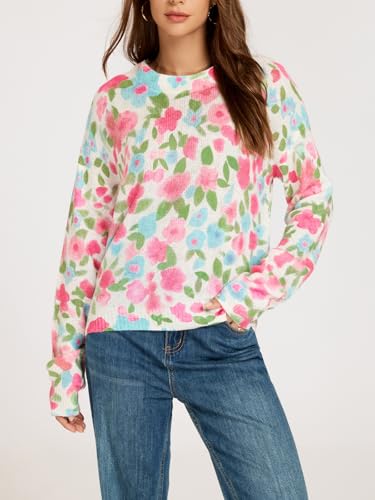 Women's Floral Print Sweaters Oversized Lightweight Wool Sweater Fall Knitted Pullover Tops Trendy3