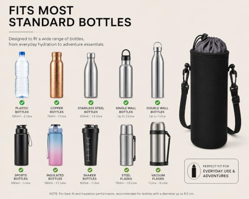 Image of 1 Litre Insulated Water Bottle Carrier Bag with Adjustable Shoulder Strap | Neoprene Bottle Cover for Stainless Steel, Glass & Plastic Bottles | Bottle Sleeve for Office, College, Gym| Black