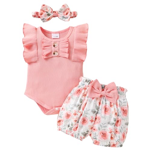 Image of Tiny Cutey Baby Girl Clothes Infant Summer Outfits Set Ruffle Sleeve Romper and Floral Shorts with Headband