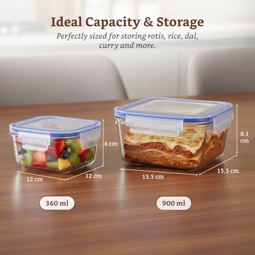 Image of Amazon Brand - Solimo Square Glass Food Storage Container, 360 ml & 900 ml - Set of 2, Airtight, Microwave & Freezer Safe, Transparent