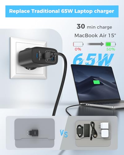 TOPADRE 65W USB C Ladegerät mit Kabel, 3-Port Schnellladegerät für iPhone – Ansicht 2