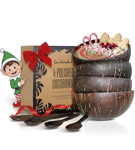 Coconut Bowls And Wooden Spoon Sets: 4 Vegan Organic Salad Smoothie or Buddha Bowl Kitchen Utensils (4, Polished)