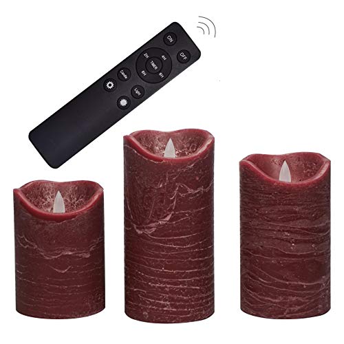 Image of CANDLE CHOICE Battery Operated Flameless Candles with Remote Timer Real Wax Realistic Flickering Electric LED Pillar Lights for Home Wedding Party Christmas Decorations 3 Pack Rustic Texture Burgundy