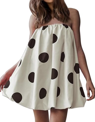 Faretumiya Women Polka Dot Bubble Mini Dress Strapless Flowy Short Tube Dress Off Shoulder Y2k Balloon Dress Party Beach(