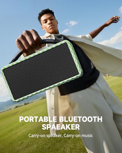 Image of DINDIN Portable Bluetooth Speaker: 80W (Peak), 20H Playtime, Loud Wireless Wood Speakers with Bass, AUX and USB Input, Subwoofer, TWS Pairing, Vintage Speaker for Outdoor, Home, Office (White+Green)