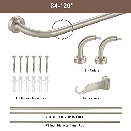 Rod For Curtains, 84-120 Inches Blackout Curtain Rod Heavy Duty Aluminium Solid Finials & Brackets -3/4" Standard Adjustable Telescoping Single Drapery Rod, Simple Wrap Around Curtain Rods For Room Darkening, Nickel Brushed #TOP3