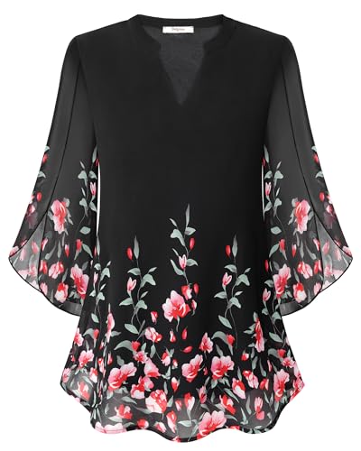 Bebonnie Womens Tops Dressy Casual Ruffle 3/4 Sleeve V Neck Double Layers Chiffon Blouses Tops Black Red XXL