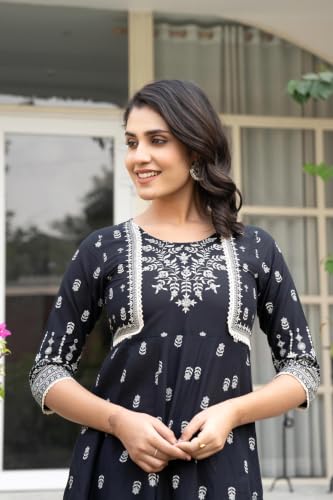 Image of Juniper Black Floral Printed Cotton Dress with Thread Work