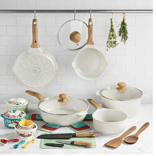 Pioneer Woman Prairie Signature 30-Piece Cast Aluminum Cookware Set, Linen Speckle